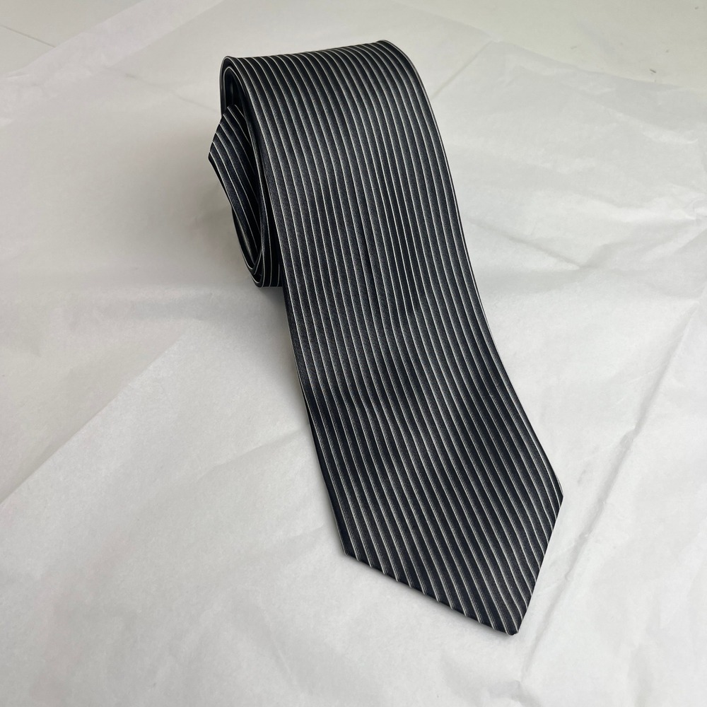 Vintage Polifroni Milano Silk Tie Black Silver Stripe Made Canada 3.5" Old Money